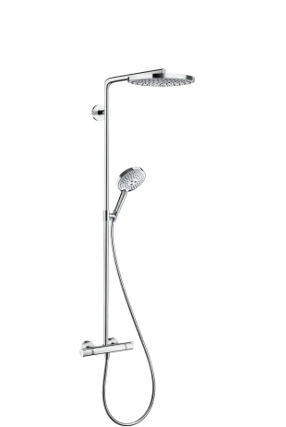 Hansgrohe Dusche mit oberem Regenbrausekopf und Handbrause, verbunden durch einen flexiblen Schlauch, mit integriertem Thermostat zur Temperaturregelung.